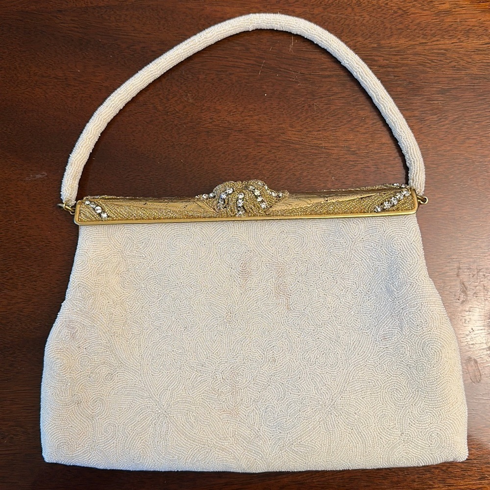 Vintage White and Gold Hand Beaded Walborg Dress Bag